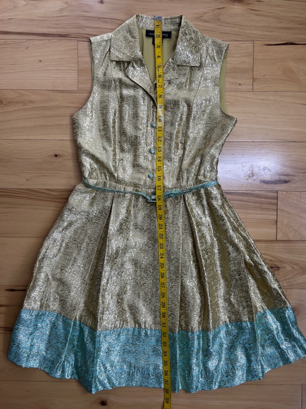 Duro Olowu Gold and Mint Green Metallic Fit-and-Flare Dress | Size 6 - Picture 5 of 11